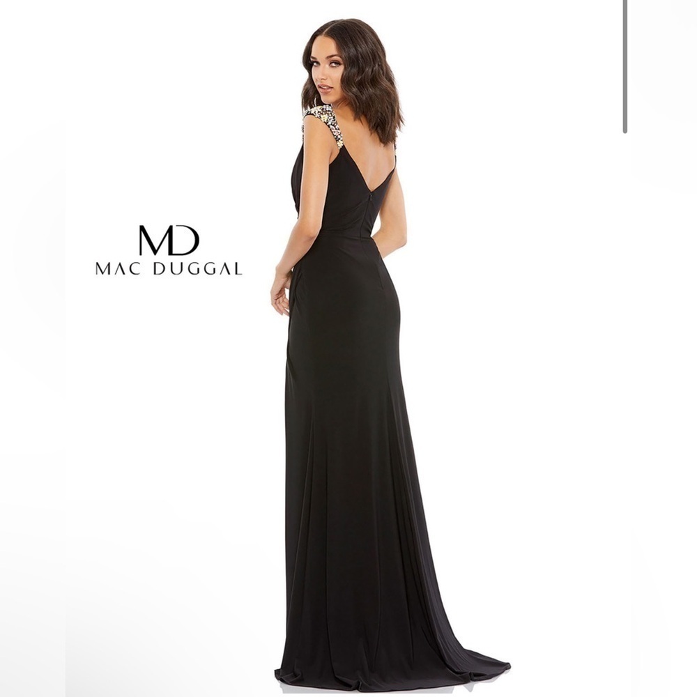 Mac Duggal Floral Strap High Slit Black Maxi Dress Size 0 Stretch 77830 Formal - Picture 3 of 12